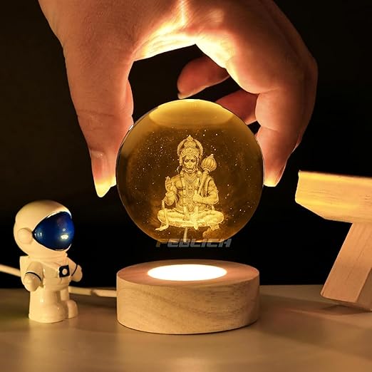 Lord Hanuman 3D Laser- Engraved Crystal Ball LED Night Light with Wooden Base