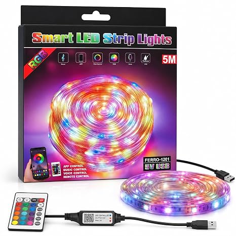 Smart RGB LED Strip Lights, 5M, USB Powered, App, Music Sync, Voice and Remote Control