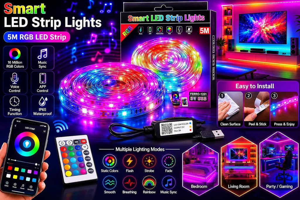 Smart RGB LED Strip Lights, 5M, USB Powered, App, Music Sync, Voice and Remote Control