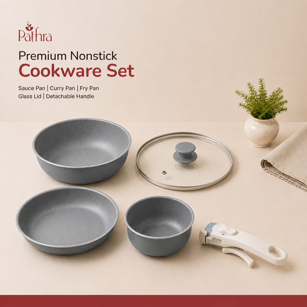 Pathra Premium Non-Stick Cookware Set with Detachable Handle & Glass Lid