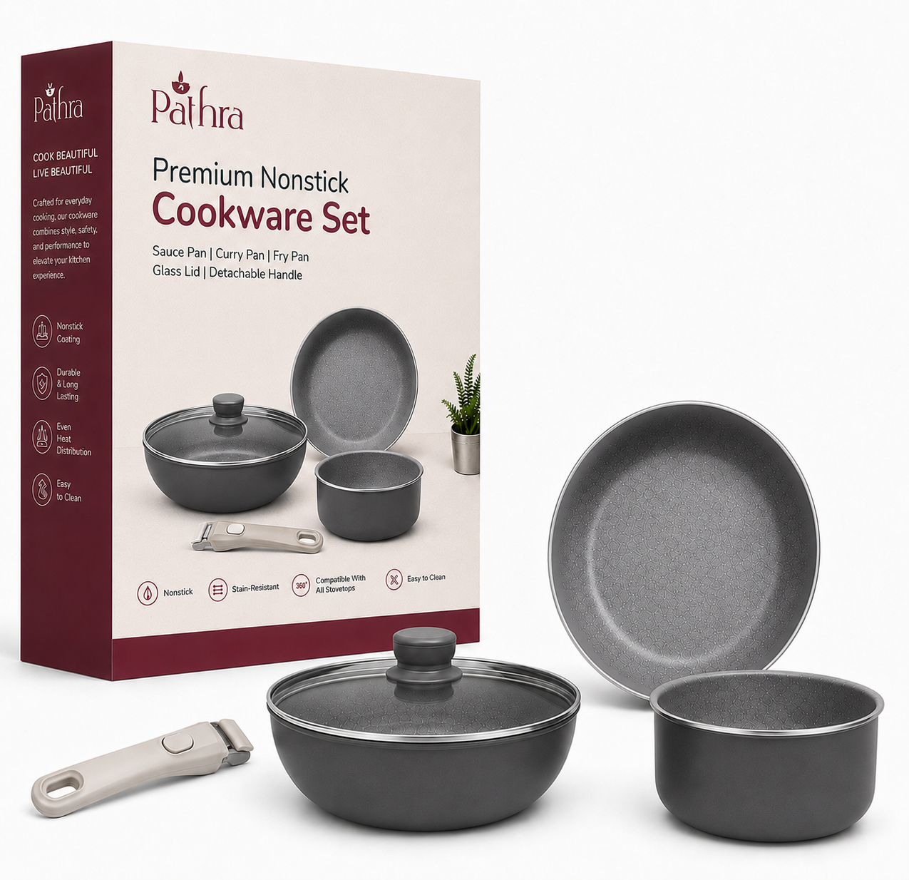 Pathra Premium Non-Stick Cookware Set with Detachable Handle & Glass Lid