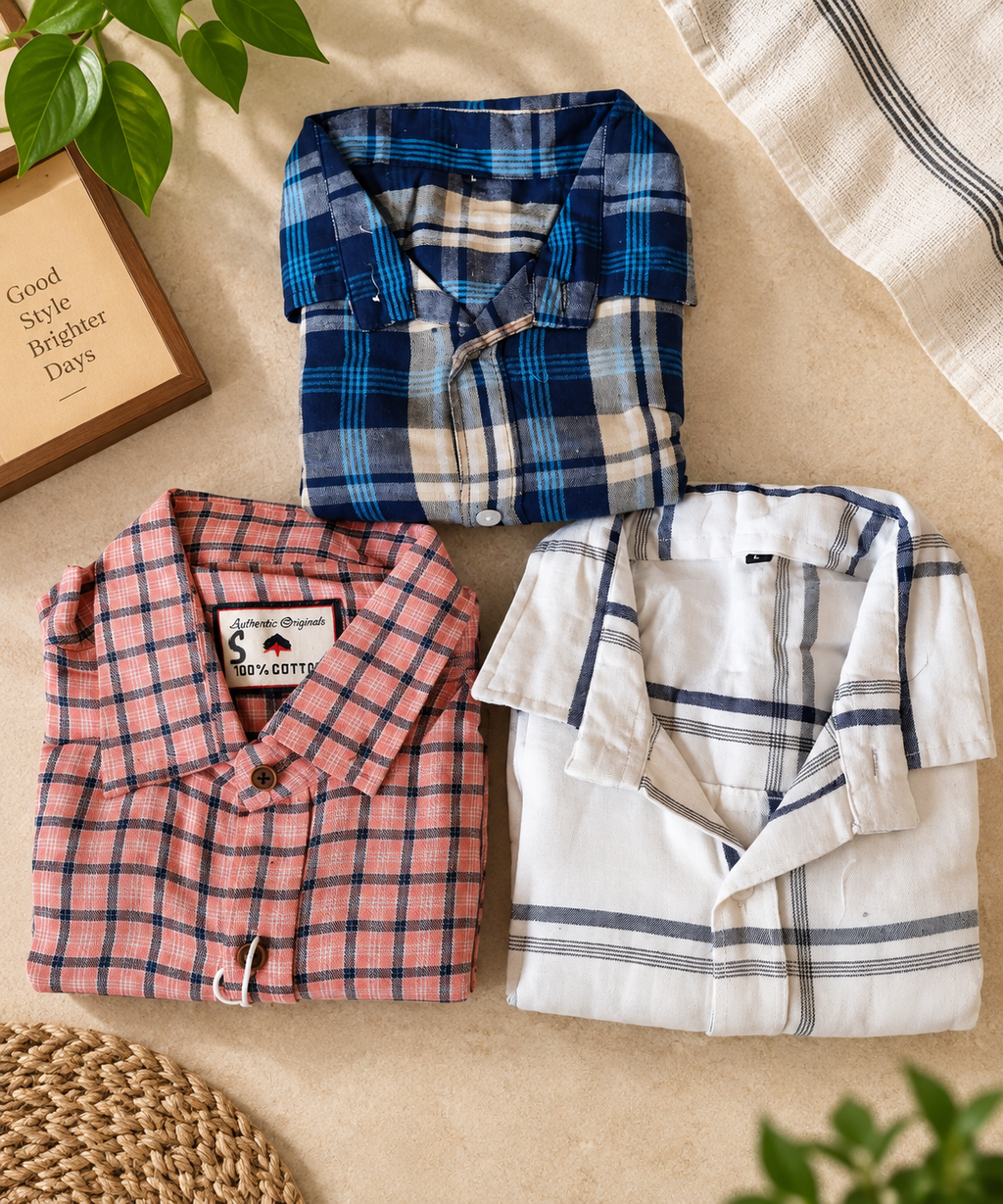 Muticoloured Cotton Checkered Shirts (Pack of 3)