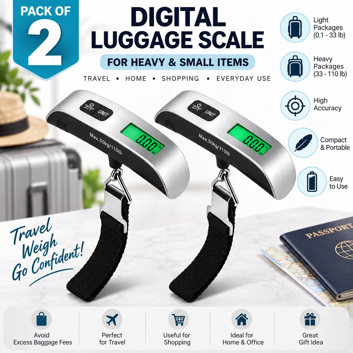 Portable Digital Luggage Scales for Travel with Backlit LCD pack of 2